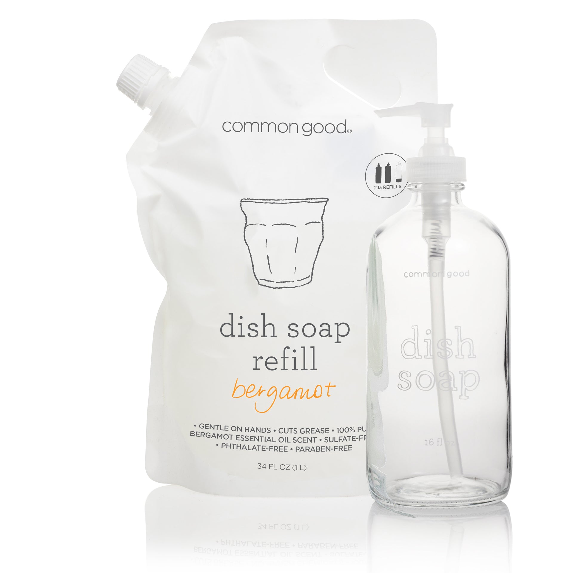 Common Good Dish Soap Refill Pouch and Glass Bottle Set