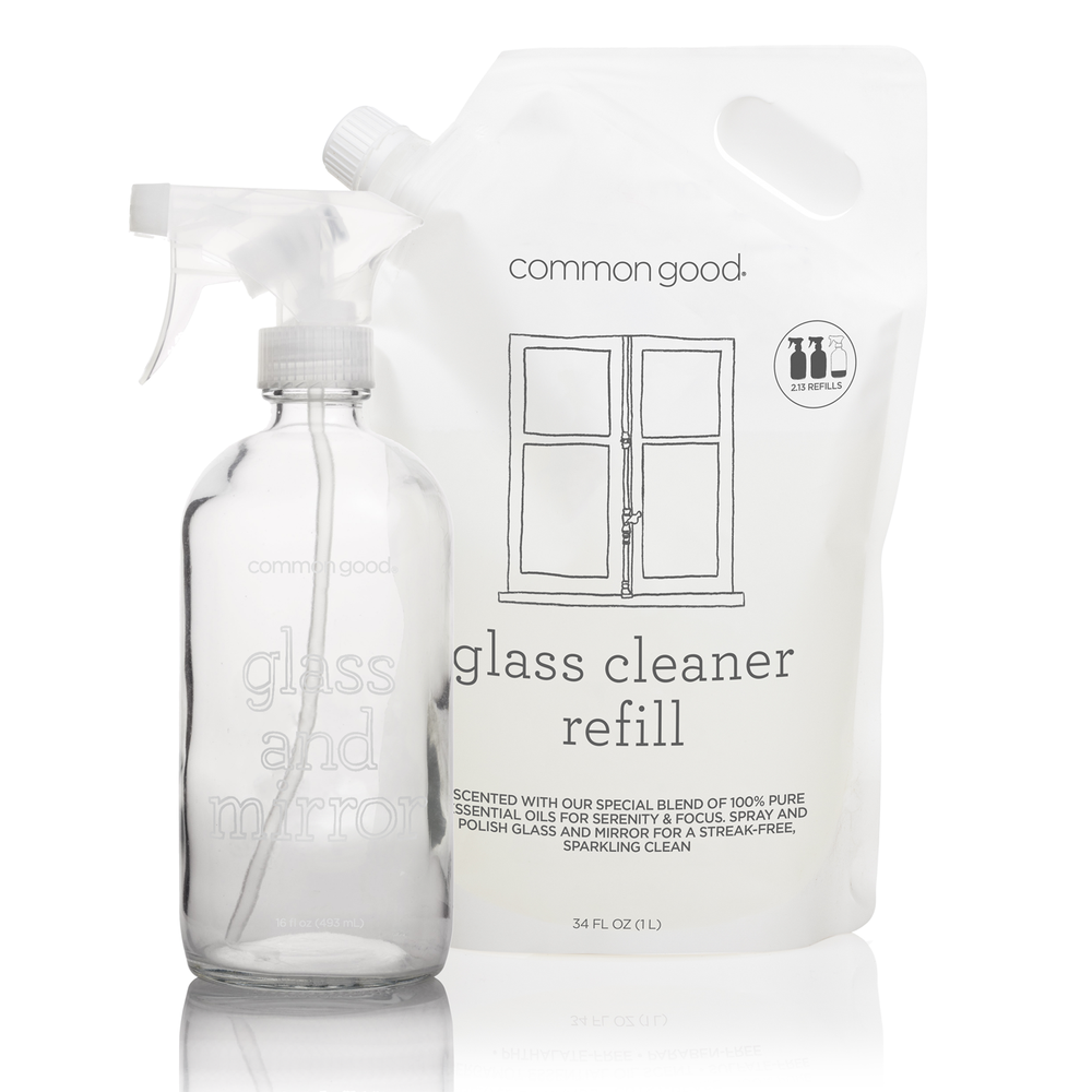 Glass Cleaner Refill Pouch and Glass Bottle Set